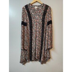 Knox Rose Womens Black Dress Floral Long Sleeve V-Neck Size Medium